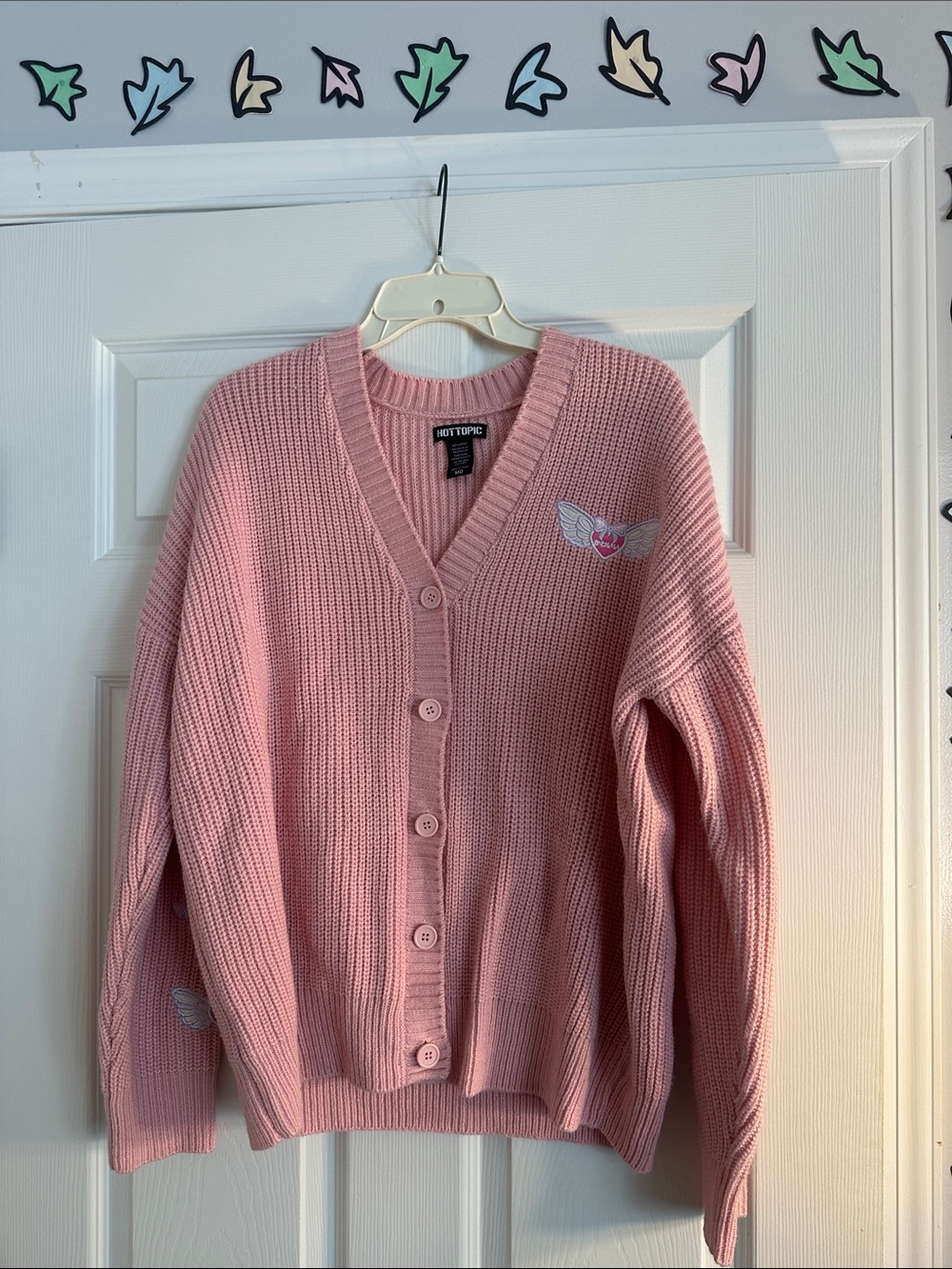 Hot Topic Pink Ribbed V-Neck Button Cardigan with Patches
